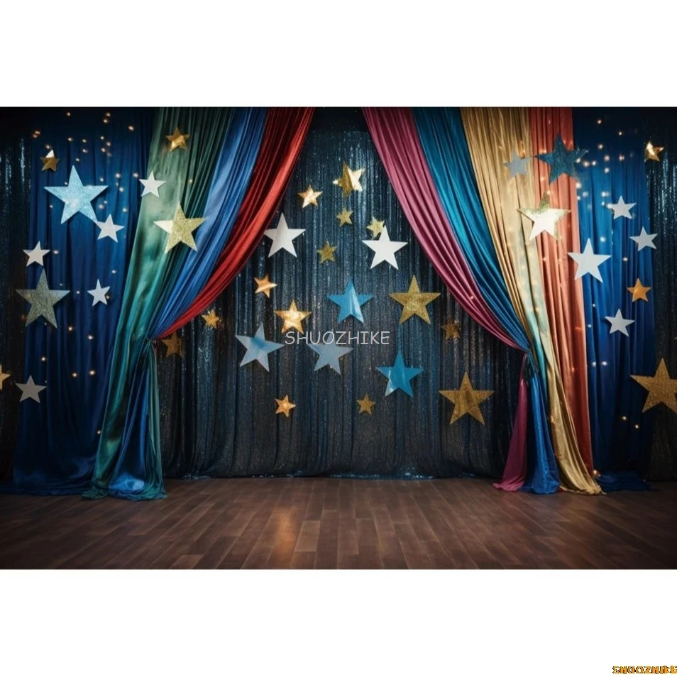 السيرك الأزرق الداكن الستار نجوم خلفية الاطفال حفلة عيد ميلاد مهرج عرض كرنفال التصوير خلفية ديكور صور استوديو الدعائم