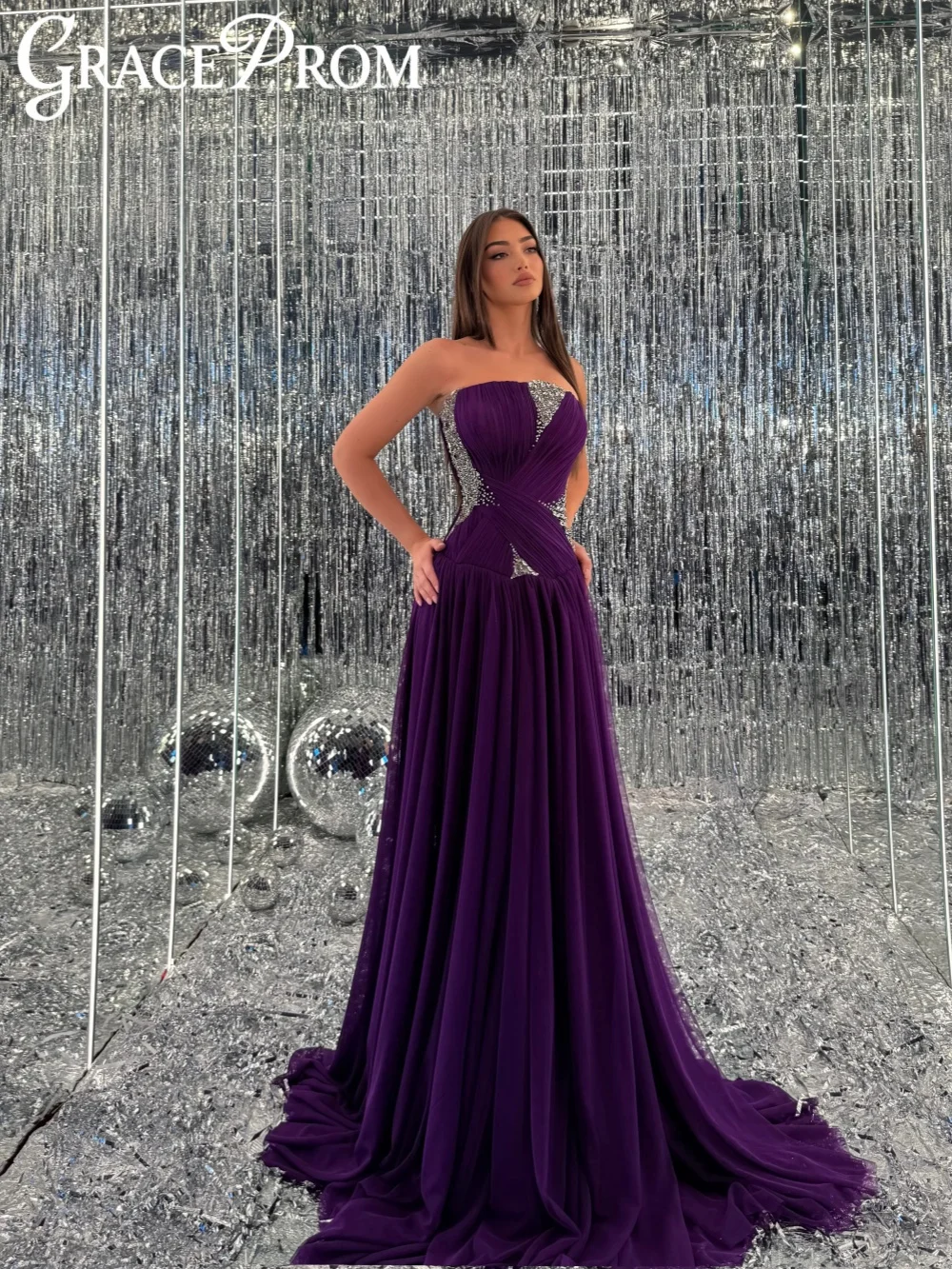 

Purple Pleated Chiffon Crystal Evening Dress Elegant Strapless A-line Formal Party Gown Customized Floor-length Red Carpet Gown