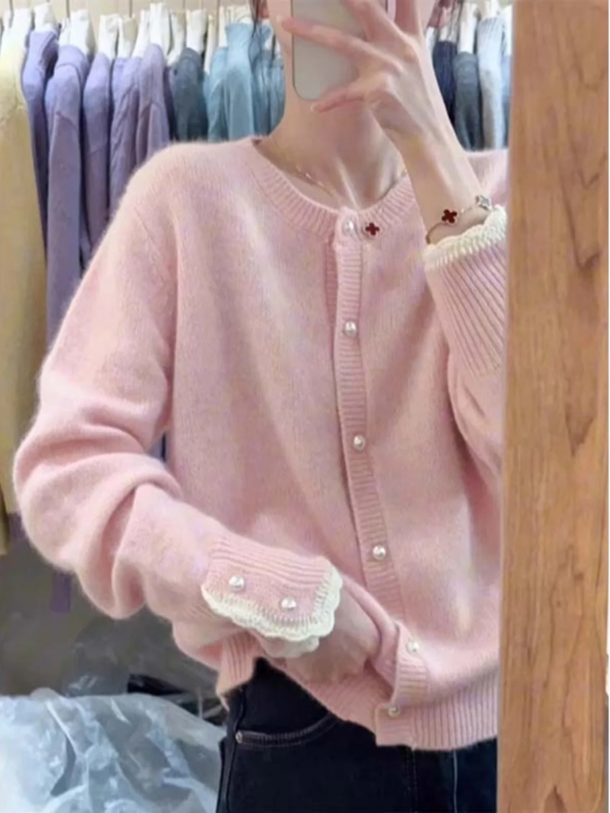 

Sweet Lace Long Sve Knitted Open Cardigan Women's Autumn Winter Small Fraance Sle Sweater Outerwear Floral Top Coat