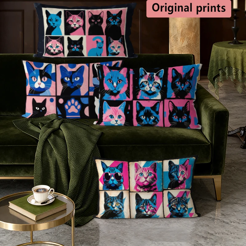 Kissenbezug mit Retro-Pop-Art-Katzenmotiv, geeignet für Sofa, Schlafzimmer, Auto, Kissenbezug, rechteckiges Rückenkissen