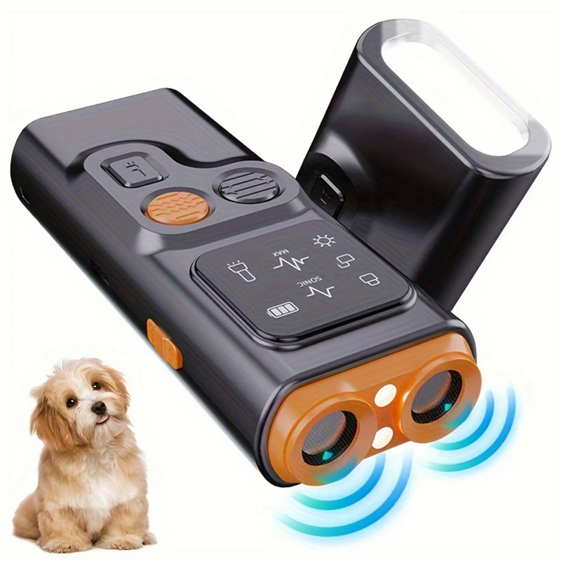 HOT USB Rechargeable Sonic Dog Repeller With Dual Ultrasonic Emitter And High-Frequency LED Flashlight, Anti-Barking Device