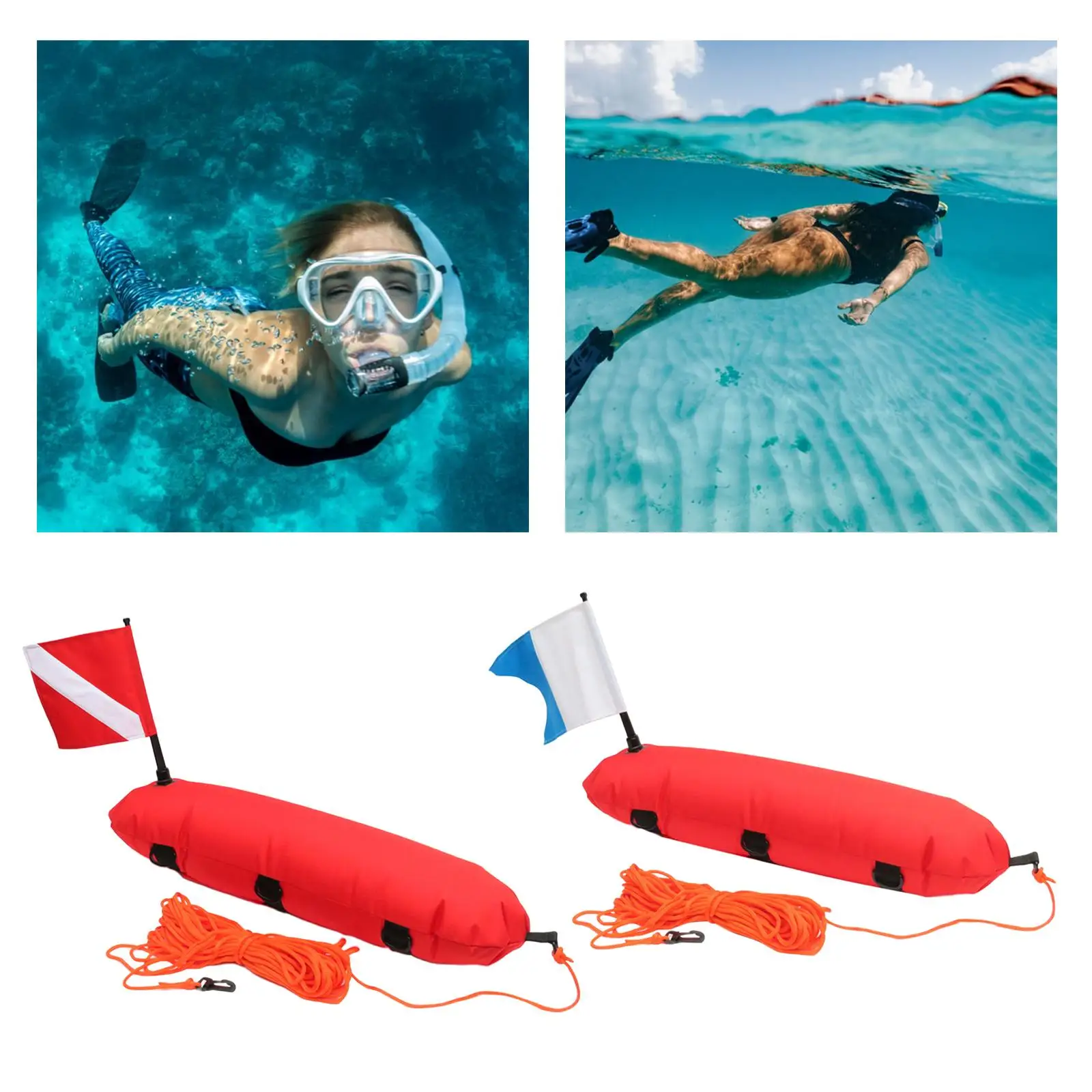 Snorkeling Spearfishing Freediving Buoy Float High Visibility Reflective Band w/ Line Rope Flag for Free Diving Swimming