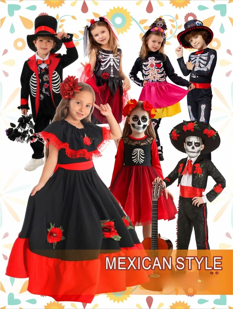 Disfraz del Día de los Muertos, traje tradicional mexicano, mono con estampado de rosas, ropa de actuación de Carnaval para niños de Halloween, vestido Catrina