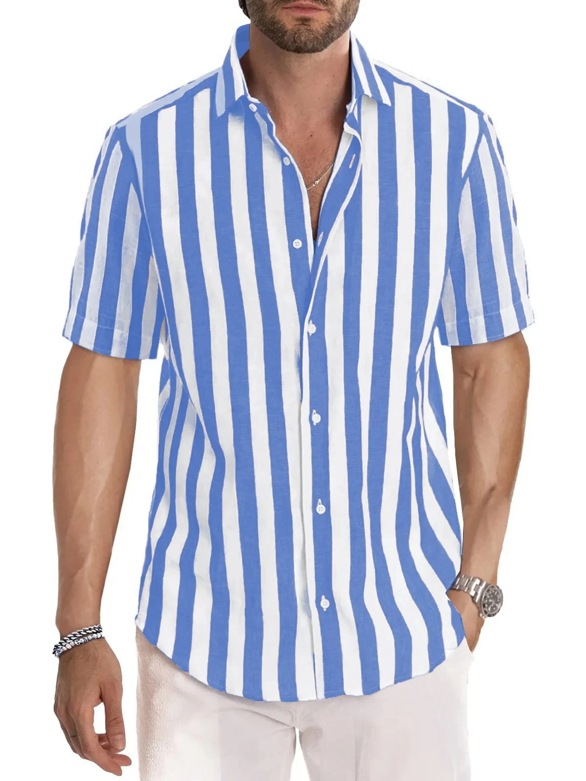 Men's Hawaiian striped shirt, casual loose, breathable, beach party, 2024, 3D