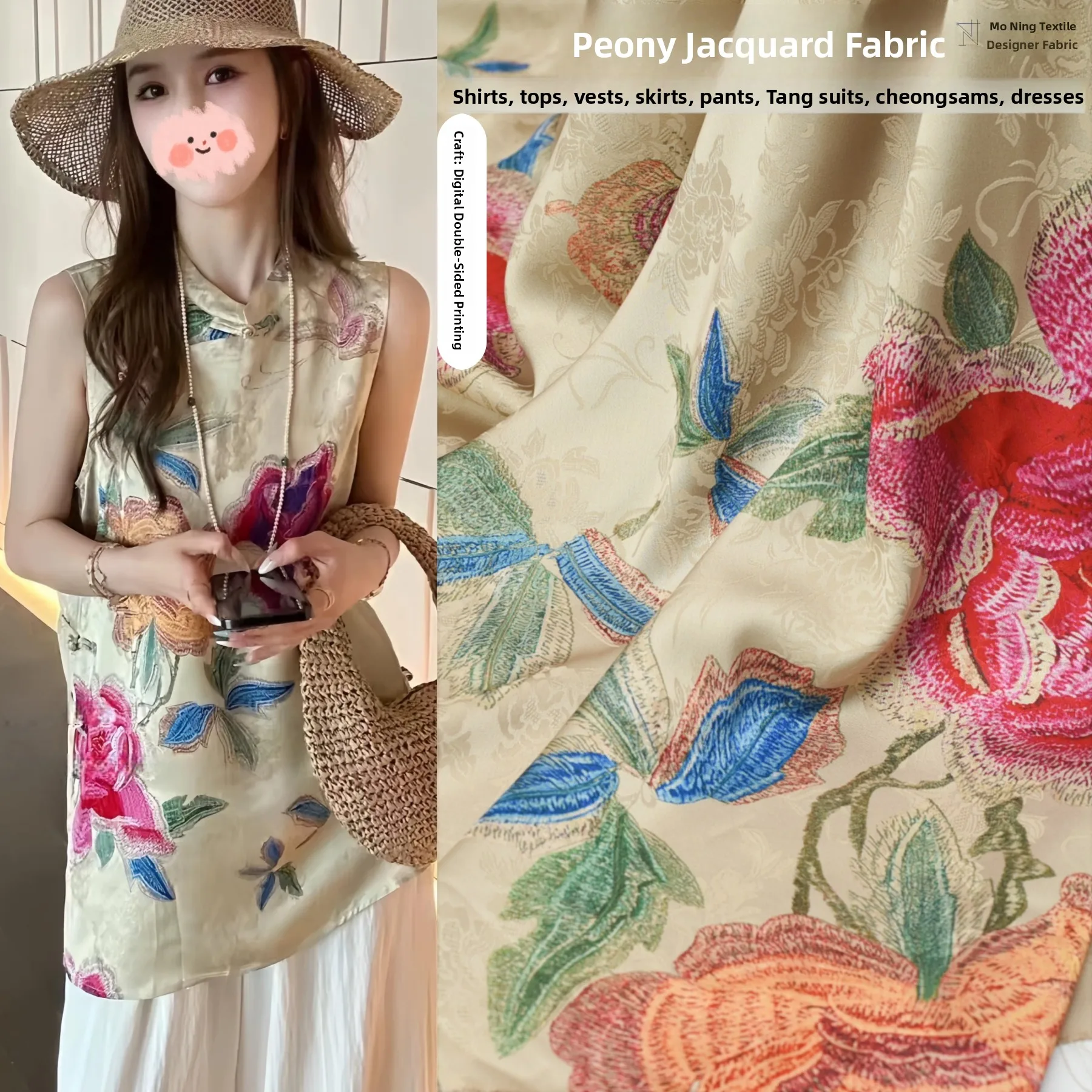 

New Chinese Style Digital Printing Fabric for Dress Home Clothes Satin Surface Texture Peony Flower Imitation Xiang...