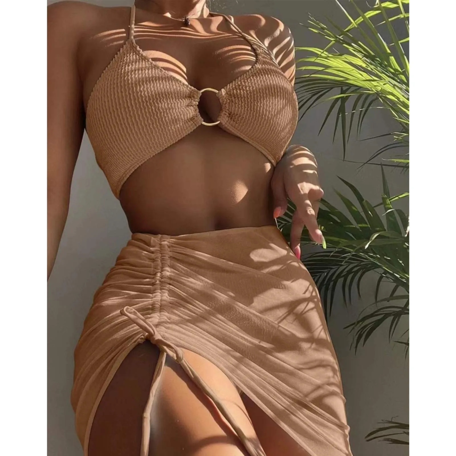 Solid Color Mesh High Waisted Bikini Sets For Women Tummy Control Bottoms Push Up Crop Top Swimsuit Three Piece Bathing Suits