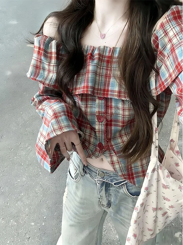 

Ретро-рубашка в американском гонконгском стиле в клетку с рукавами-колокол, женская укороченная блузка с открытыми плечами и завышенной талией