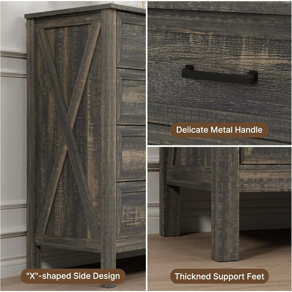 Rustikale 55" breite Holzkommode mit 9 Schubladen, X-Markierung und Stangengriffen für die Aufbewahrung im Schlafzimmer