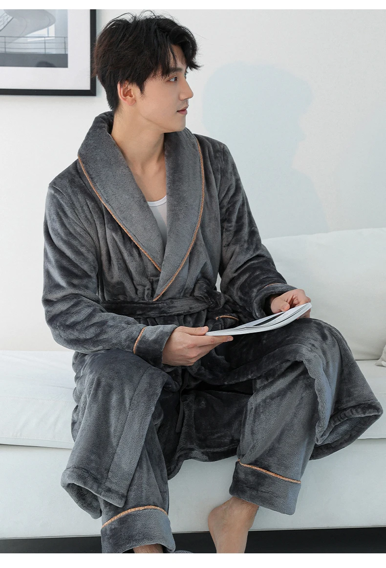 Nuevo Conjunto de Ropa de Casa para Hombre, Invierno, Bata Larga y Gruesa de Felpa Coral con Pantalones de Pijama, Cálido y A...