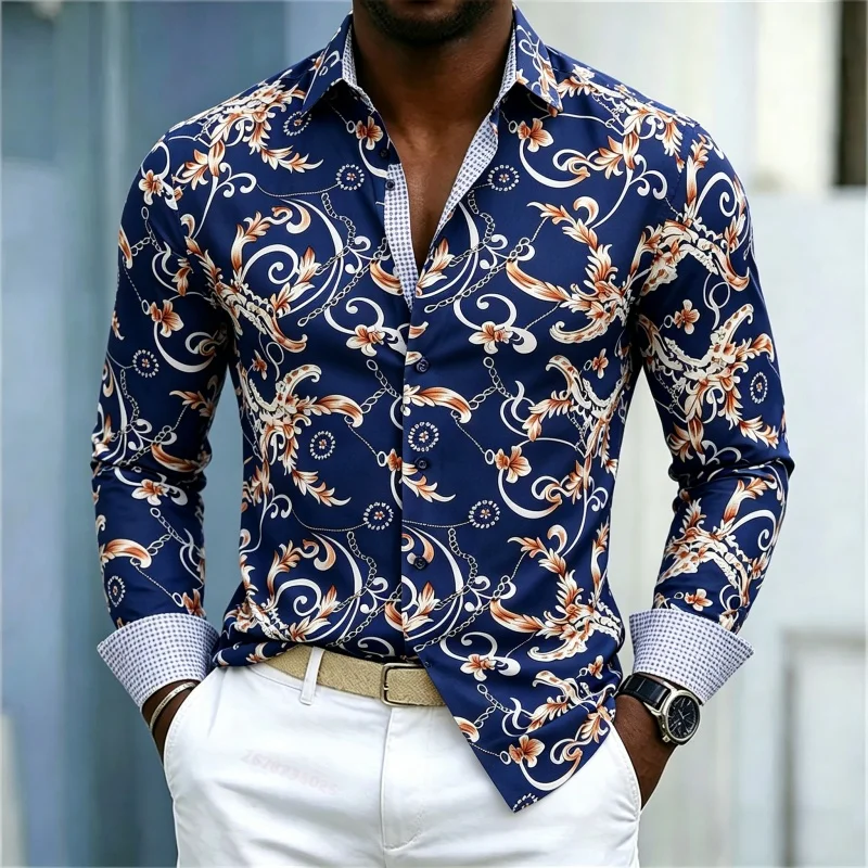2026 Men's Shirt Palace Style Men's Shirt Blue Bottom Gold Brown Vine Chain Full Print Flip Collar Casual Long Sleeve Shirt