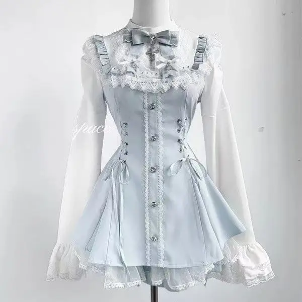 Japanese Mine Mass-produced Flare Sleeve Slim-fit Dress Set Gothic Lolita Women\'s Sweet Shirts Top and Shorts Two-pieces Suits