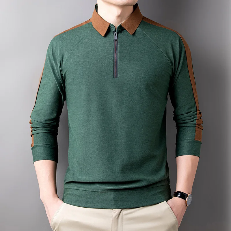 Spring and Autumn Men's Pullover Polo Neck Zipper Contrast Panel Long Sleeve T-shirt with Bottom POLO Shirt Fashion Casual Tops