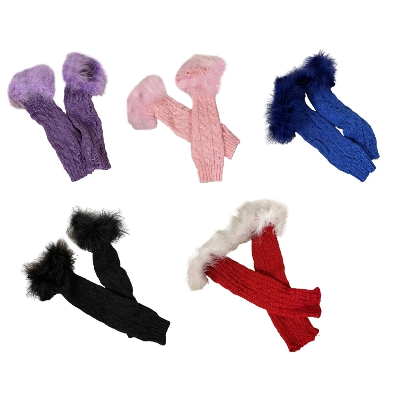 

Women Fashion Feathers Arm Sleeves Decorative Gloves Y2K Cool Girls Cable Knit Fingerless Gloves Winter Elastic Long Arm Cover