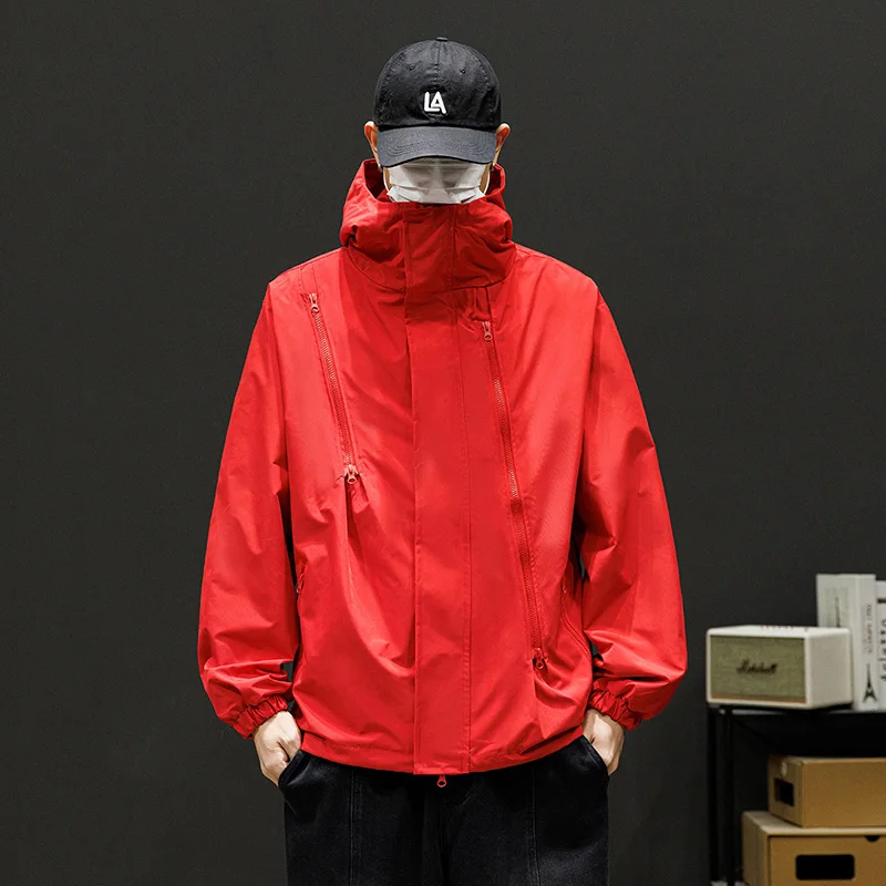 男性トレンチコートファッショナブルなアウトドア防風スポーツコートフード付きルーズフィットメンズアウターカジュアルスタイルカップルモデル