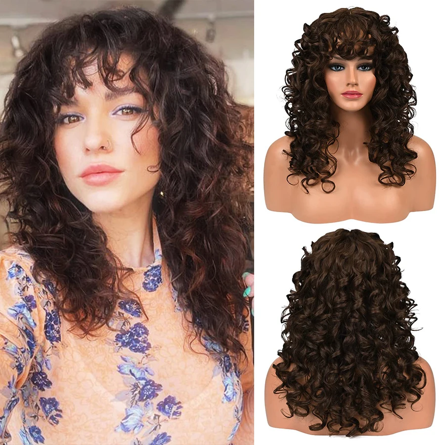 Curly Wig with Bangs for Women Long 16Inch Kinky Wigs with Wispy Bangs for Daily Use Party Cosplay-Chocolate Brown