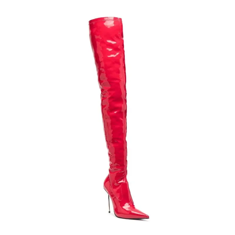 2023 New Sexy High Heels Lacquer Leather Booties Solid Over-the-Knee Boots Pointed Botas Mujer Party Women Shoes Red Stiletto