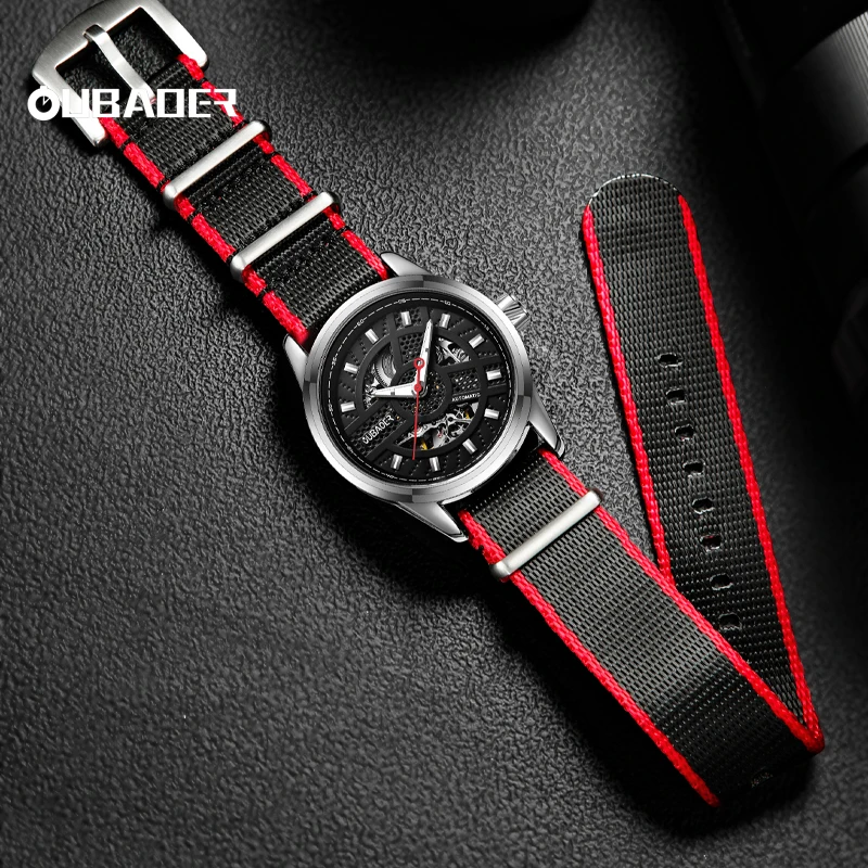 

OUBAOER мужские новые часы со скелетонизированным механизмом, мужские наручные часы с нейлоновым ремешком, повседневные водонепроницаемые роскошные модные часы