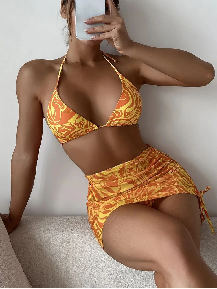 Fluid Patterned Swimsuit Woman 2023 Lace Up Halter Bikini Three Piece Set Red Sexy Drawstring Swimwear for Beach Vacation, Swim