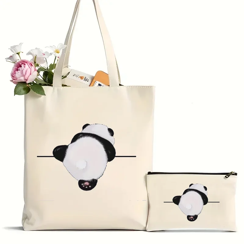 2Pcs Cute Panda Print Canvas Bag, Reusable Shopping Shoulder Bag, Large Capacity Fashion Daily Carry-All With Not Today