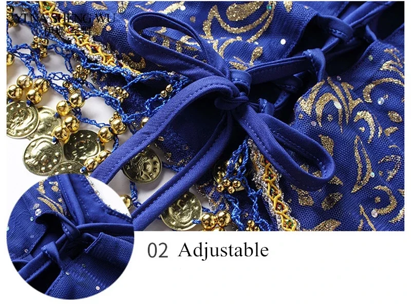 Sexy Bauchtanz-Kostümset für Damen im Bollywood-Stil, ägyptisch-indischer Stil, Chiffon-Oberteil mit Pailletten und Fransen, Rock für Bühnenauftritte – Detail 5