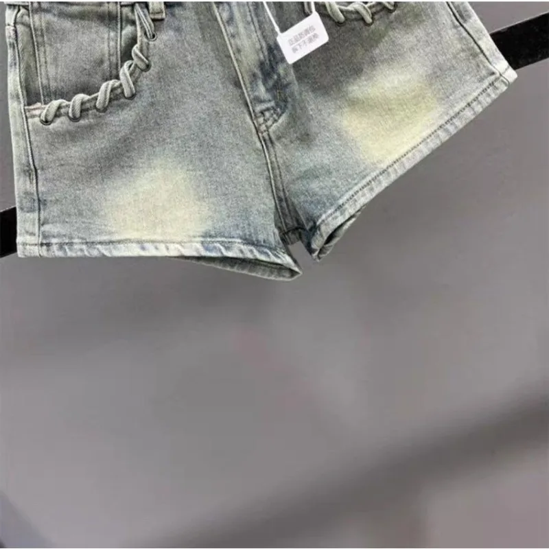 여름 신상 프렌치 스타일 포켓 장식 워싱 디스트레스드 데님 반바지