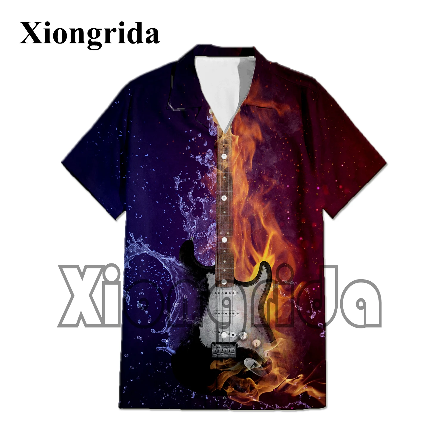 Fashion Mens Hawaiian Shirts Guitar and Fire 3D Print Short Sleeve Shirts Musical Instrument Summer Holiday Blouse Hip Hop Tops