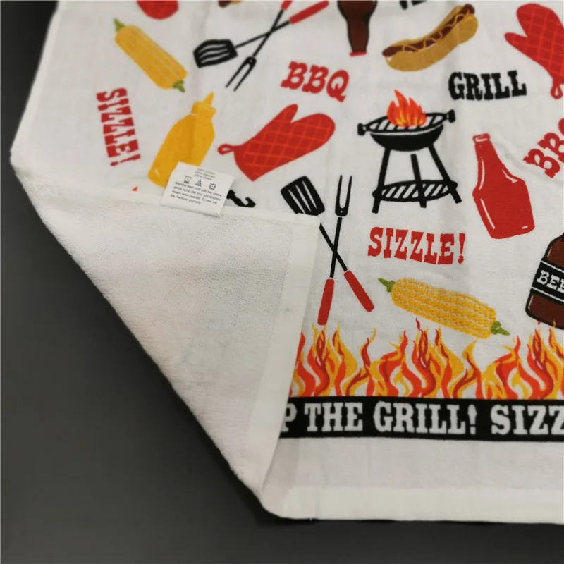 1Pc 41x66cm Thicken Cotton Absorbent White Barbecue BBQ Baking Cut Velvet Printed Kitchen Tea Towel