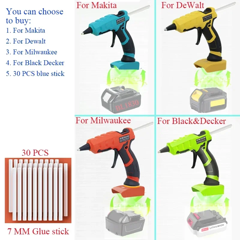 

NL227C Wireless Hot Melt Glue Gun For Makita BL1830 For Milwaukee For Black Decker For Dewalt DCB609 DCB183 Lithium Ion Battery