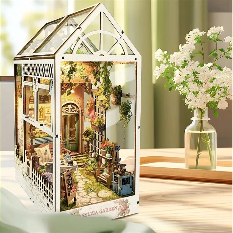 Fai da te Book Nook Kit modello in miniatura in legno cameron Garden Bookend assemblato 3D Puzzle Light Bookshelf Home Decor amici regali