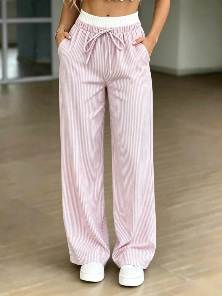 Summer Fall New Women Chic Striped Wide Leg Pants Elastic High Waist Drawstring Loose Fit Casual Lounge Trousers Streetwear