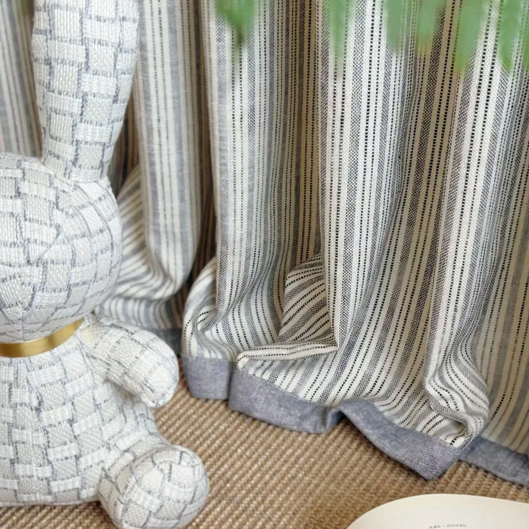 

Nordic fresh contrast vertical linen curtain log wind window texture stripe finished shading curtain