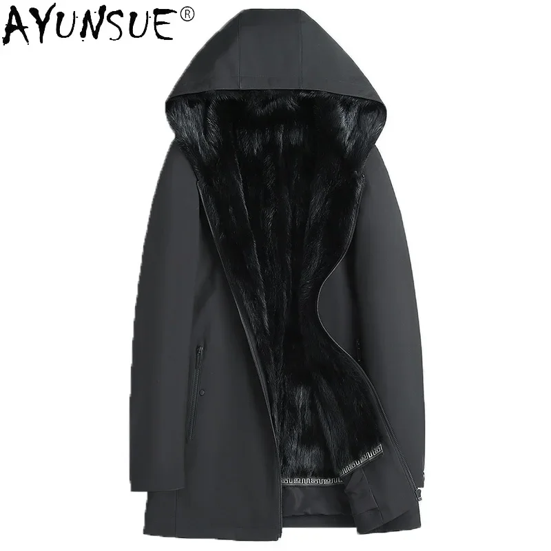 

AYUNSUE 2021 Winter Genuine Mink Fur Liner Jacket Male Hooded Black Thick Warm Jackets Men's Real Fur Parkas Veste Homme Gmm448