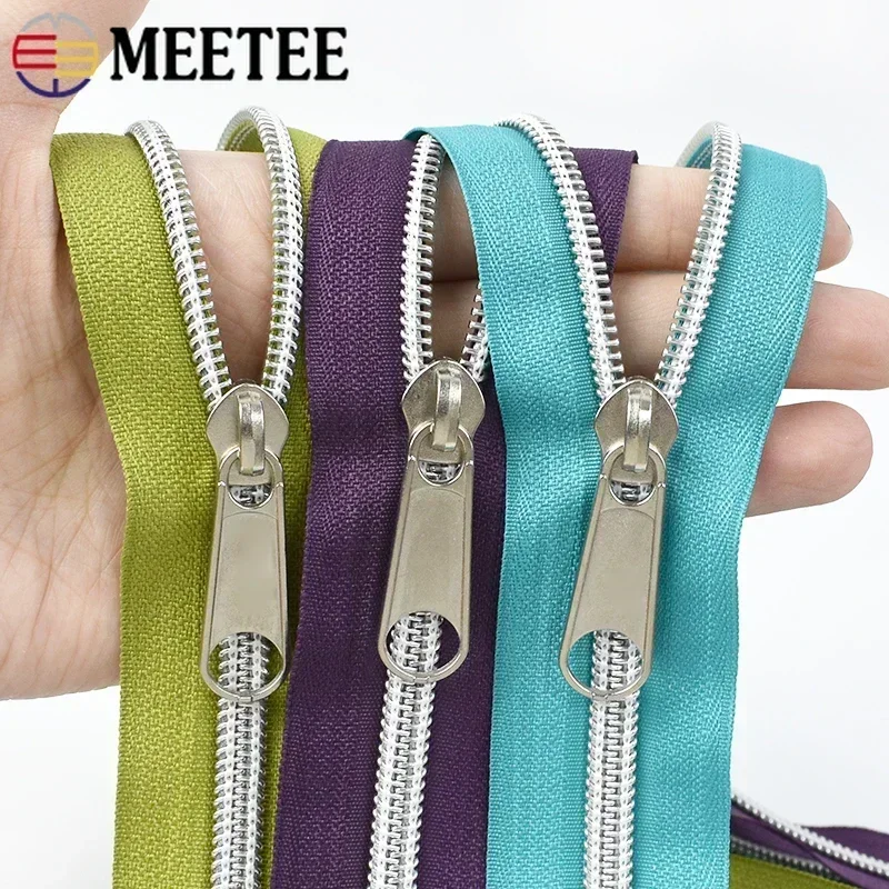 Meetee 2-10Meters 5# Nylon Zippers Silver Teeth Long Chain Zip Tape with Slider for Sewing Bags DIY Clothes Repair Accessories
