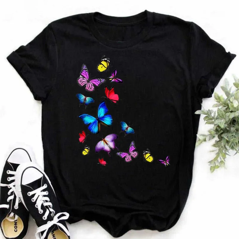 Harajuku Women T Shirt Red and Black Butterfly Print Tshirt Fashion Heart T Shirt Female Short Sleeve Tops Tee Ladies T-shirts