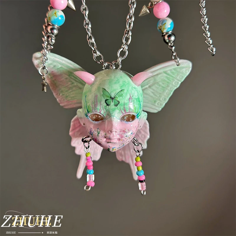 Neue chinesische Stil Schmetterling Baby Kopf Y2k süße und coole Perlen Halskette Subkultur Dopamin Zubehör