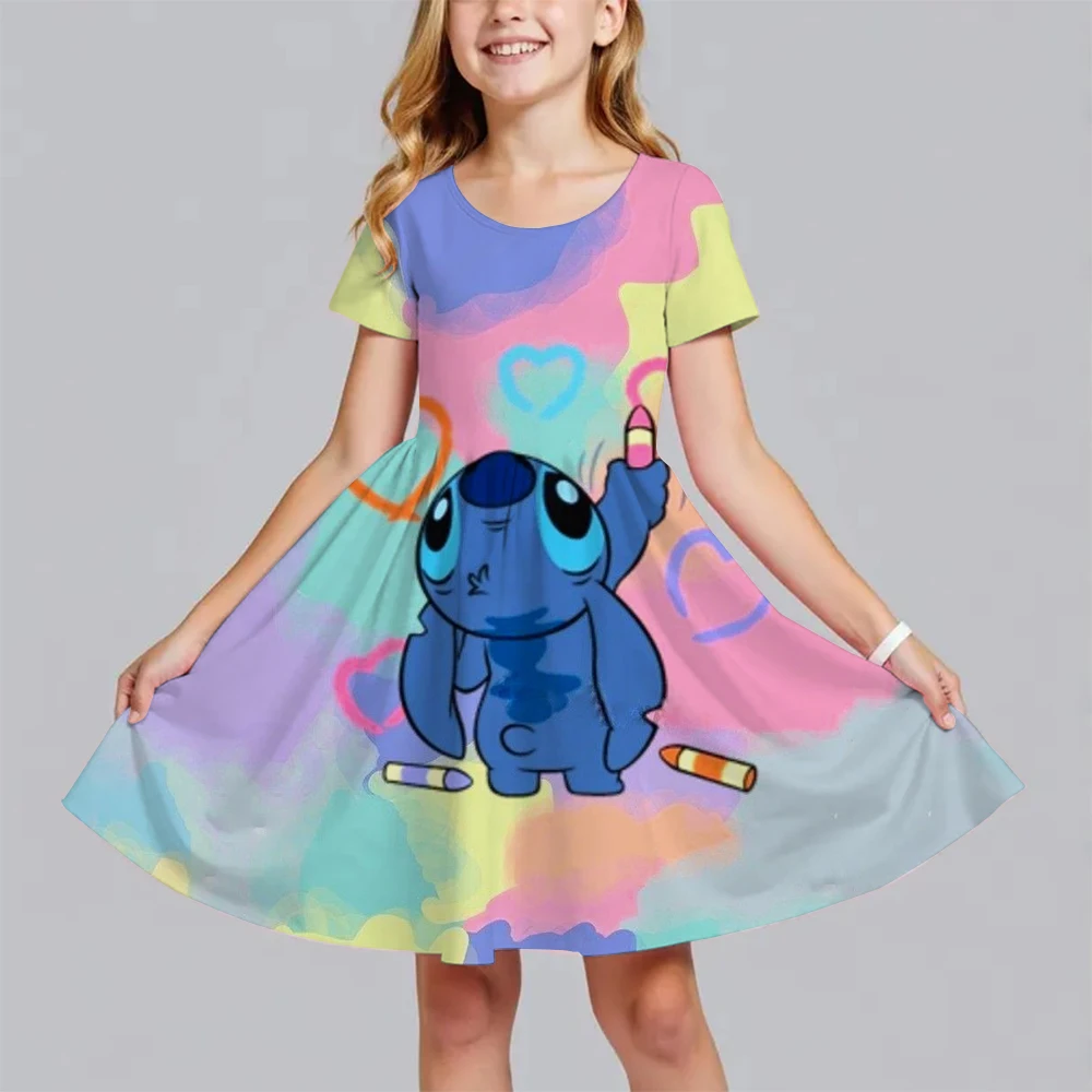 

Summer Hot Sale Disney Blue Pink Stitch Girl Birthday Party Casual Dress KIDChild Dress 3D Printed Love Cartoon