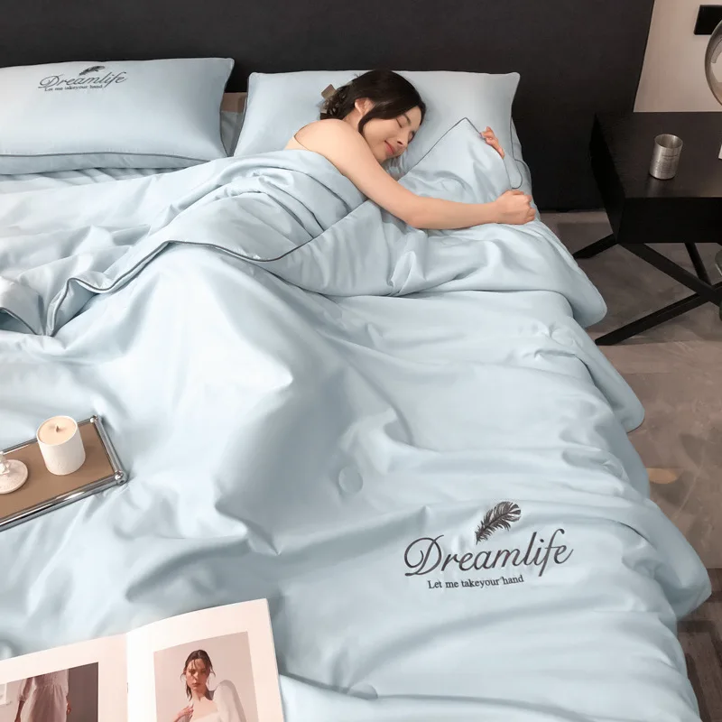 High-End Embroidery Cooling Quilt Set Summer Skin-Friendly Comforter Bedsheet Pillowcase Ice Silky Air Conditioning Blanket Kit