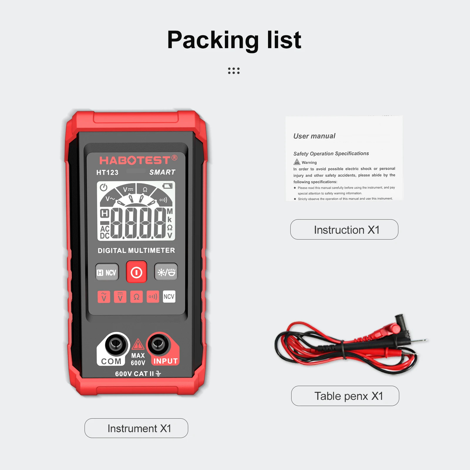 HABOTEST HT123 Smart Digital Multimeter AC/DC Voltage Resistance Continuity Measurement Tester NCV Multimeter with Backlight