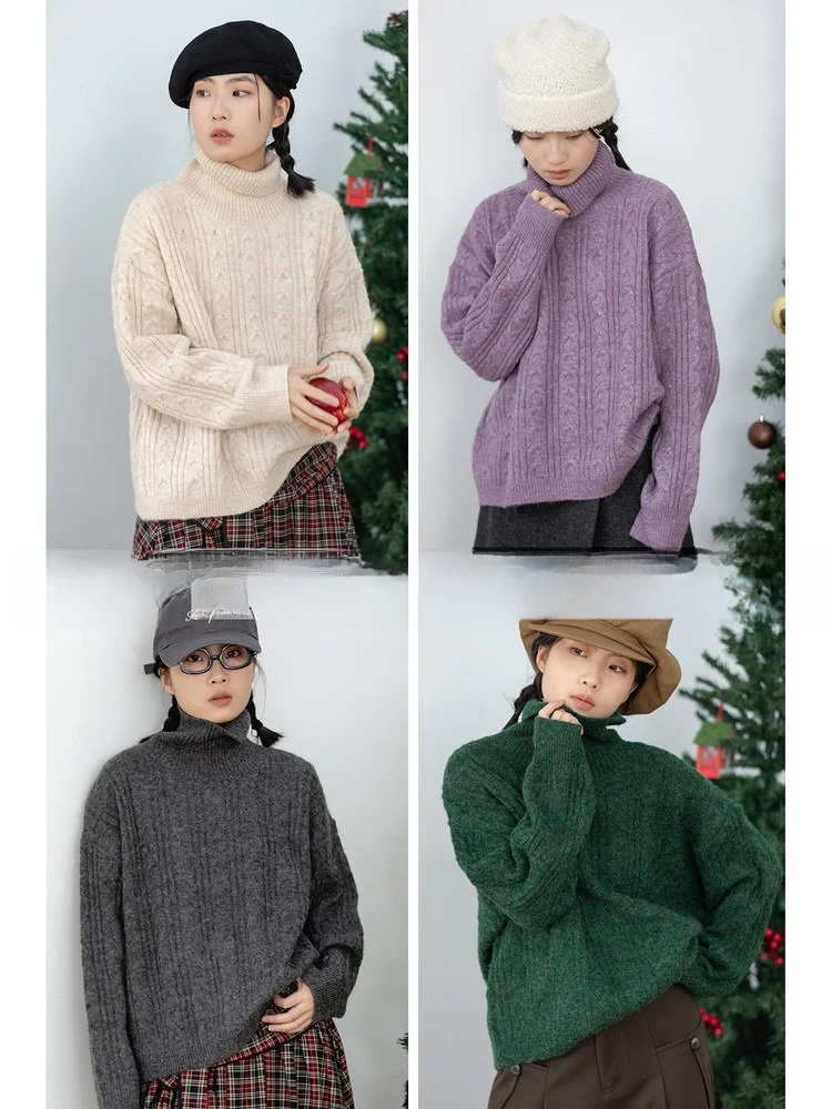 

High-Weight Wool Blend Knitted Sweater Loose High Ne Casual Sle Polyester Acrylic Wool Nylon Long Sve Winter Top