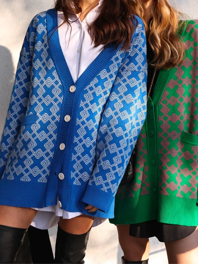 여성용 롱 가디건 루즈 자카드 배색 오버사이즈 스웨터 코트 여성용 두꺼운 따뜻한 겨울 니트 가디건