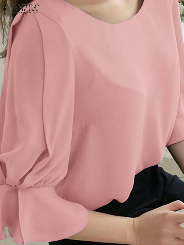 

ZANZEA Elegant 2025 Summer Blusas Mujer Woman O-Neck Solid Color Casual Blouses Commute 3/4 Flared Sleeve Office Wear Tunic Tops