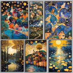 Gustav Klimt Exhibition Poster Canvas Painting Moon Stars River Tree Village Night House Poster Print for Living Room Home Decor