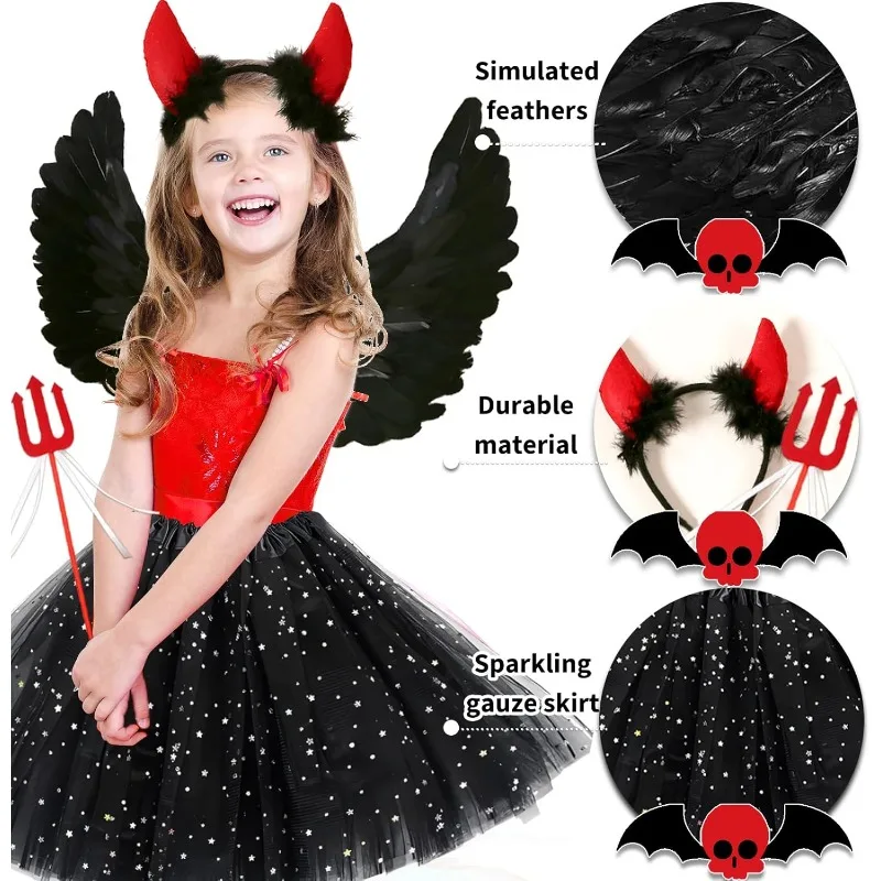 Ali di angeli neri, costumi di Halloween, angeli neri, accessori di abbigliamento da angelo, corno da diavolo, tridente da diavolo