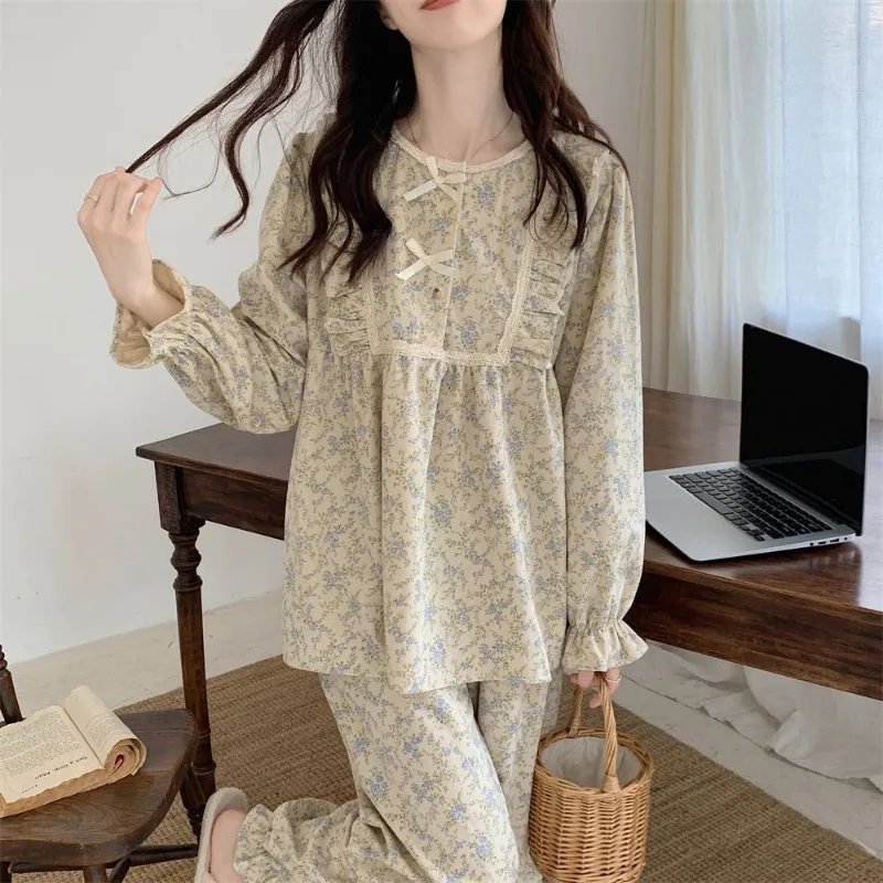 Set piyama untuk wanita, Set baju tidur renda motif bunga, setelan celana lengan panjang, pakaian malam O-neck gaya Korea musim gugur 2 potong