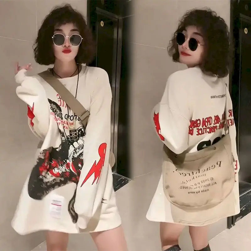 Fashion Printed Pullovers Women Design Sense Letter Printed Oversized Pullover Top Casual Loose Long Sleeve Tshirt Spring Autumn