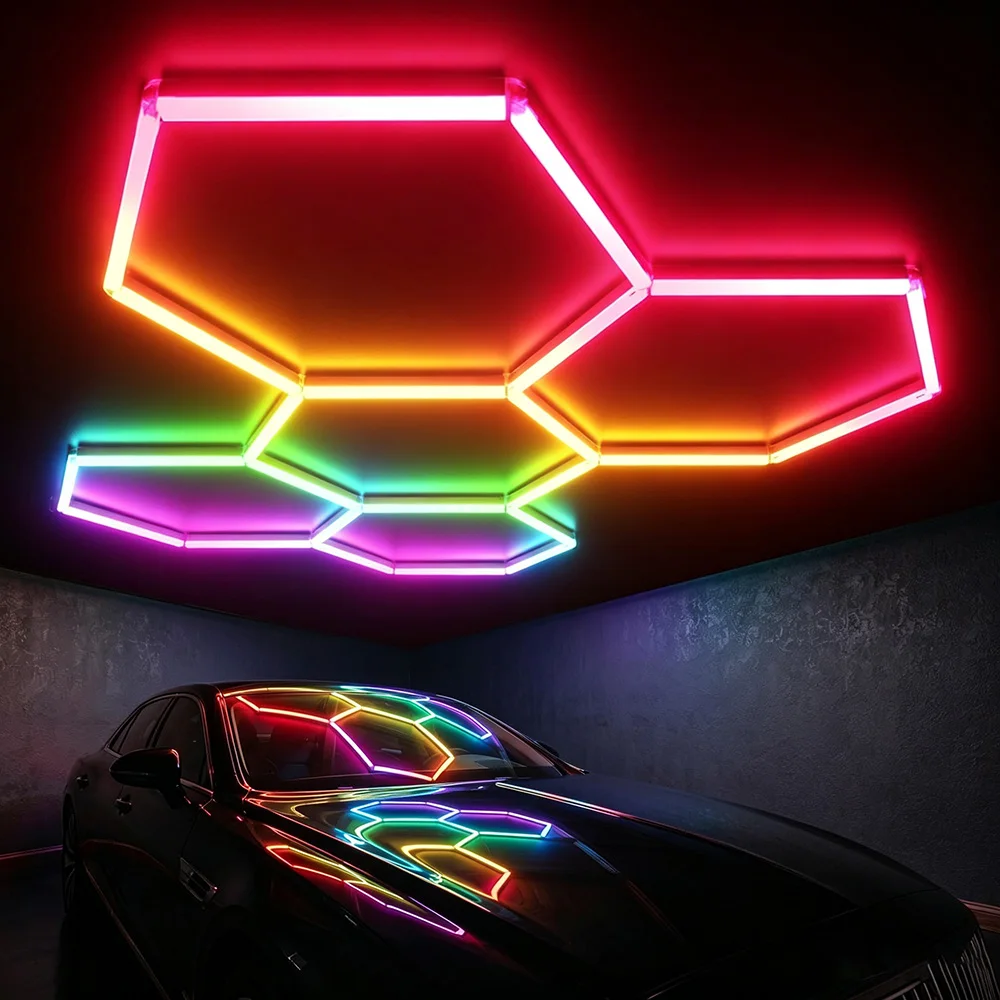 Luce esagonale a nido d'ape RGB multicolore per garage con modalità miste e colorate, telecomando Bluetooth, adatta per garage, officine 4S, autolavaggi, palestre e saloni di parrucchieri