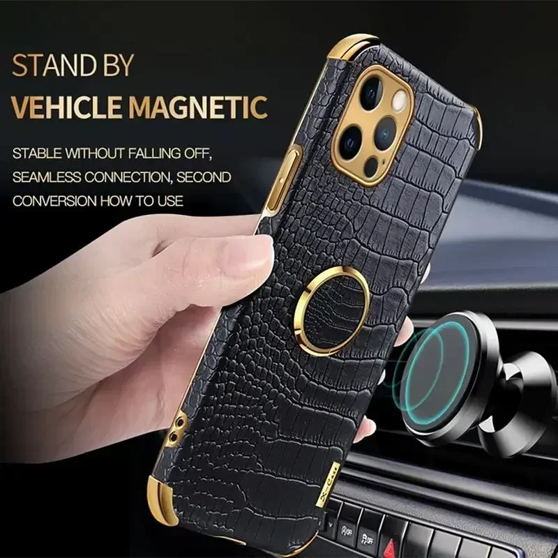 Luxury Crocodile Leather Case for IPhone 16 Plus Pro Max 15 14 13 5G PU+TPU Shockproof Magnetic Ring Holder Phone Soft Cover