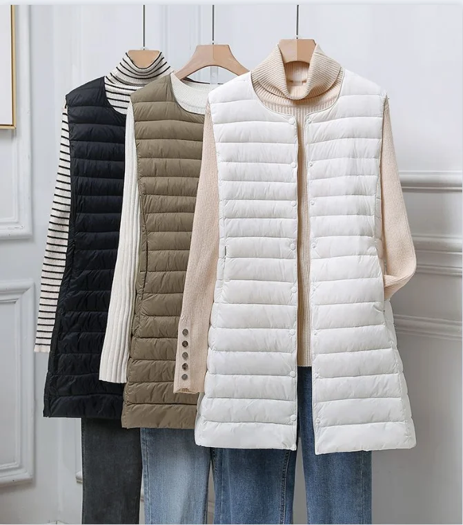 Ultralight Portable  Vest Autumn Winter Women Long Collarless Duck Down Waistcoat Sleeveless Button Feather Lining