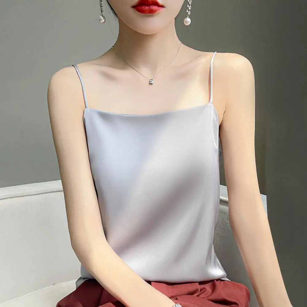 Women Summer Silk Satin Top Camis Tanks Sleeveless Spaghetti Straps Camisoles Strappy Shirts Sexy Tank Tops Ladies Solid Vest