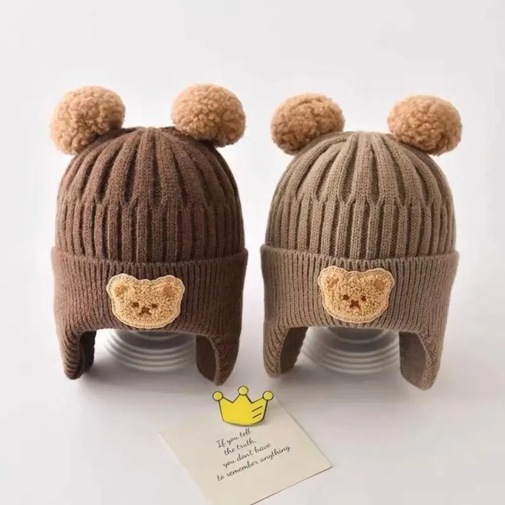 Korean Knitted Baby Cap with Earflaps Cute Bear Pompom Kids Hat Beanie Warm Autumn Winter Boys Girls Ear Protection Bonnet Caps